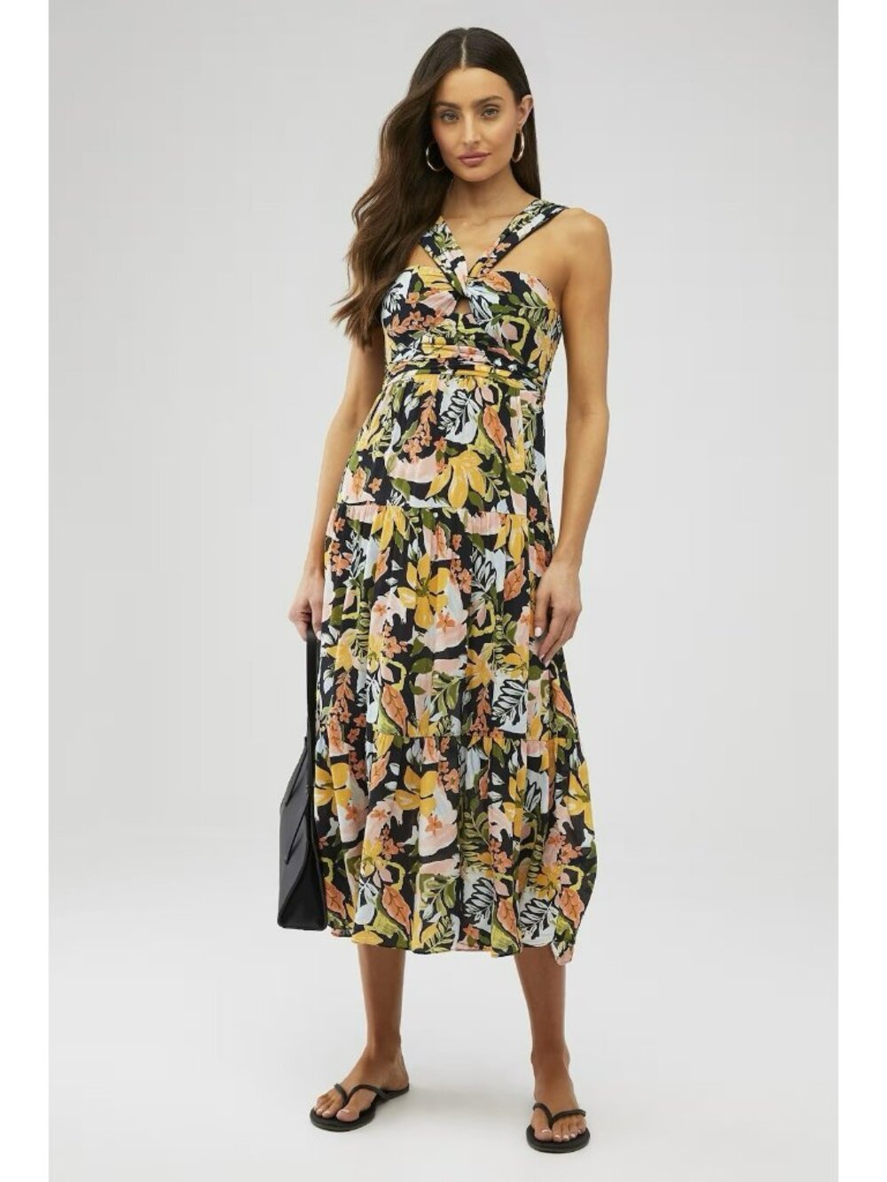 $297 Saylor Starlee Black Multicolor Floral Tiered Maxi Dress Women's size Small